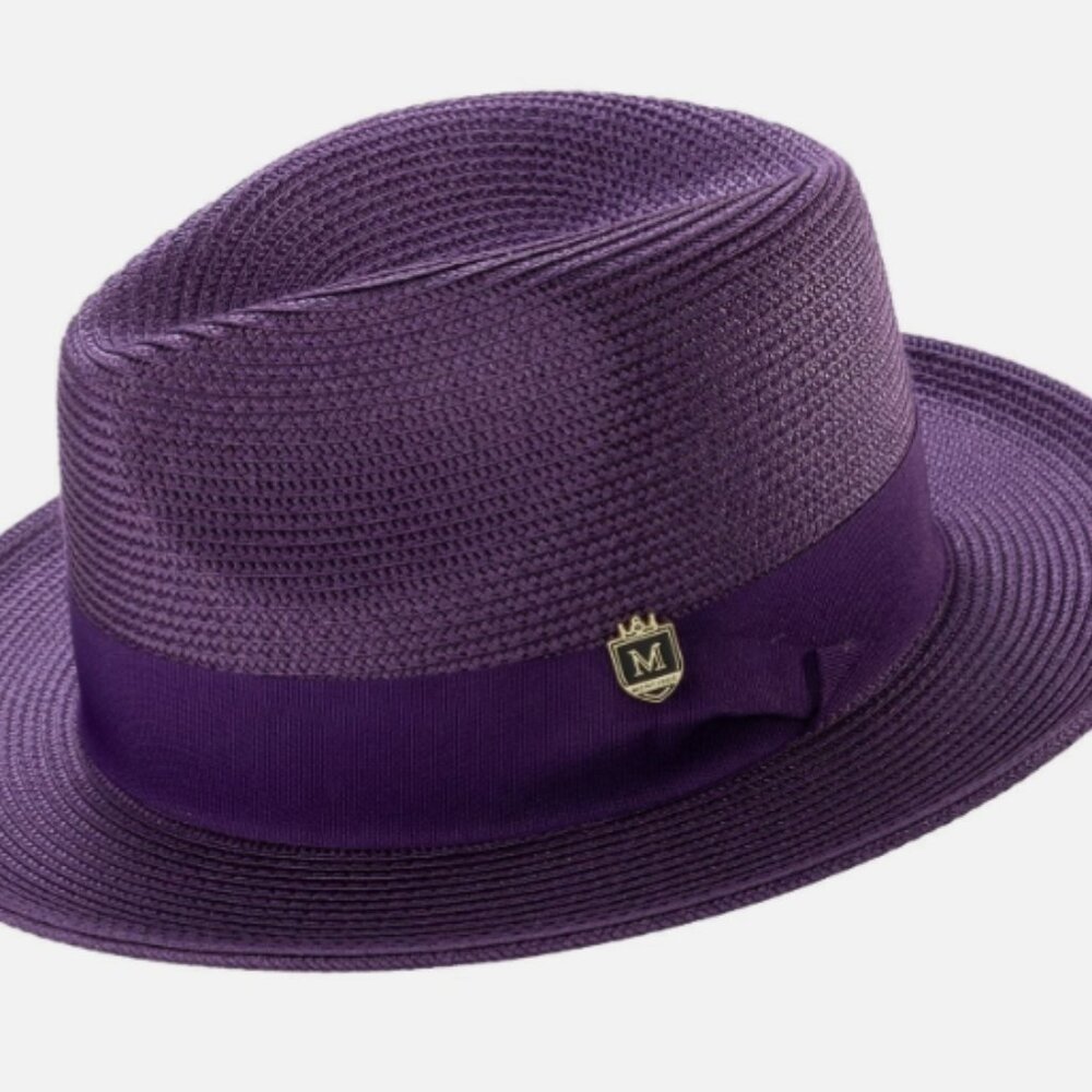 PURPLE  Braided Wide Brim Pinch Fedora Matching Grosgrain Ribbon Hat   H-42